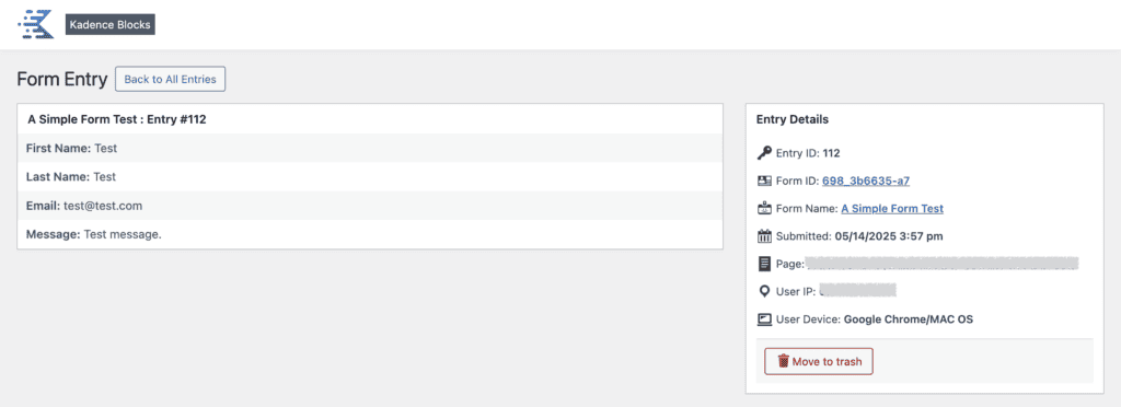Kadence Form - Database Entry detail